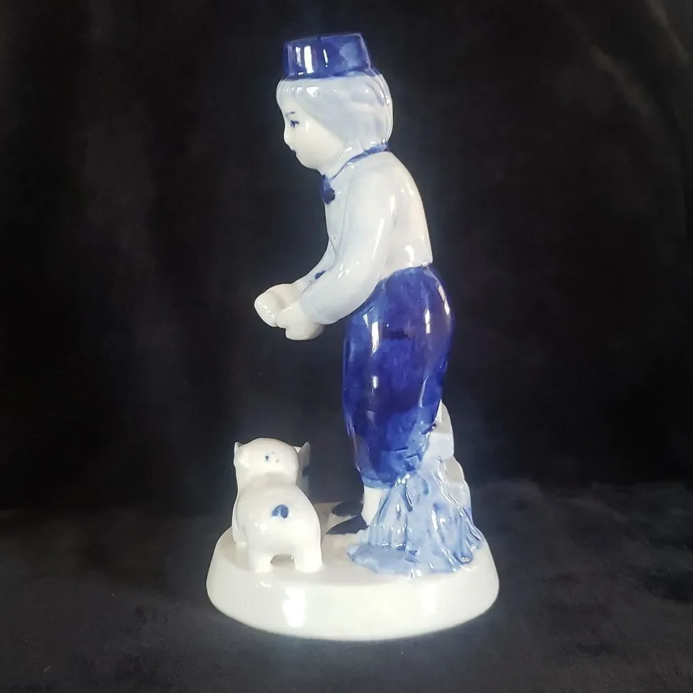 Vintage Handpainted Delft Blue Dutch Boy with Pig Porcelain Figurine
